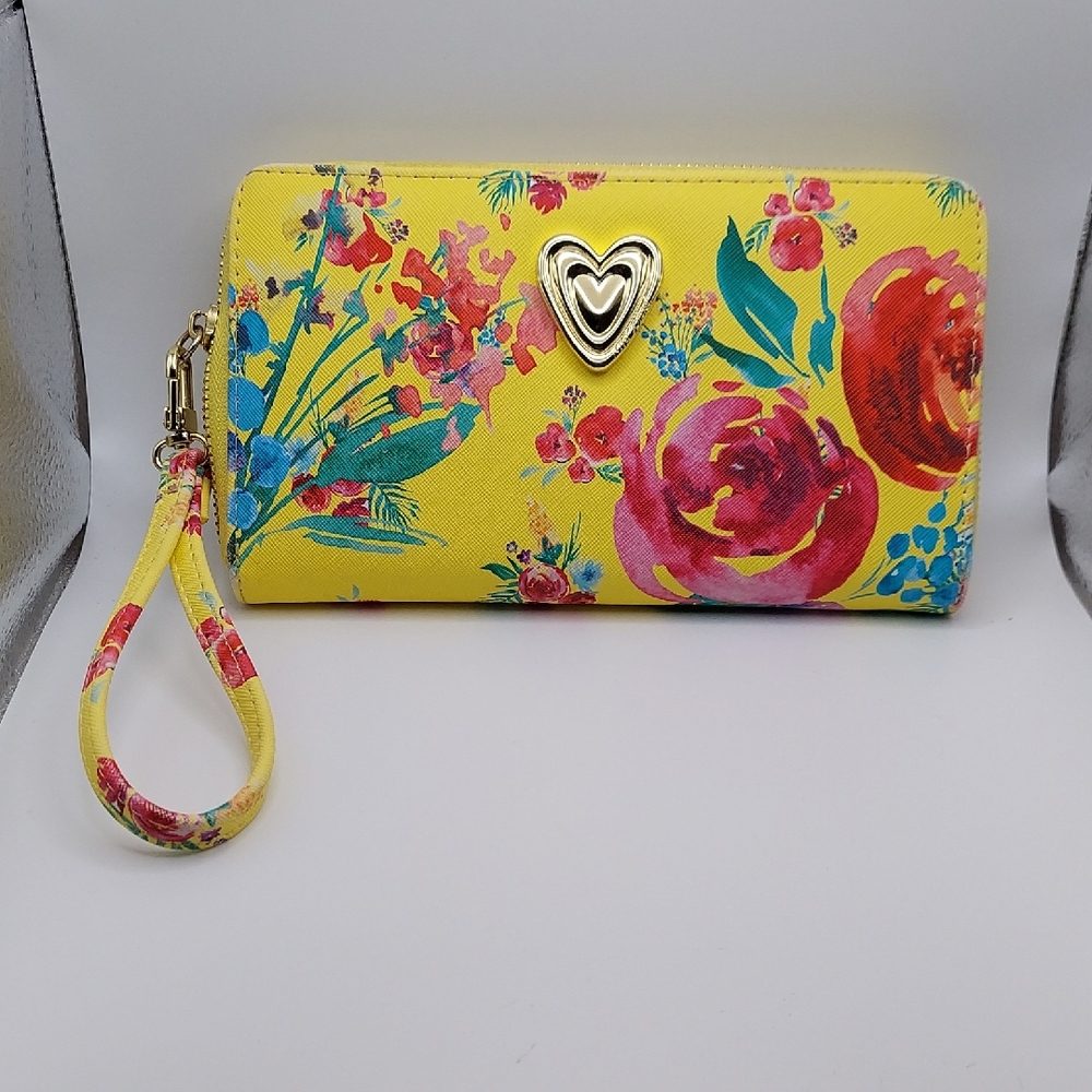 Betsey Johnson Yellow Floral Wristlet Clutch, GC, 8"x4.5".